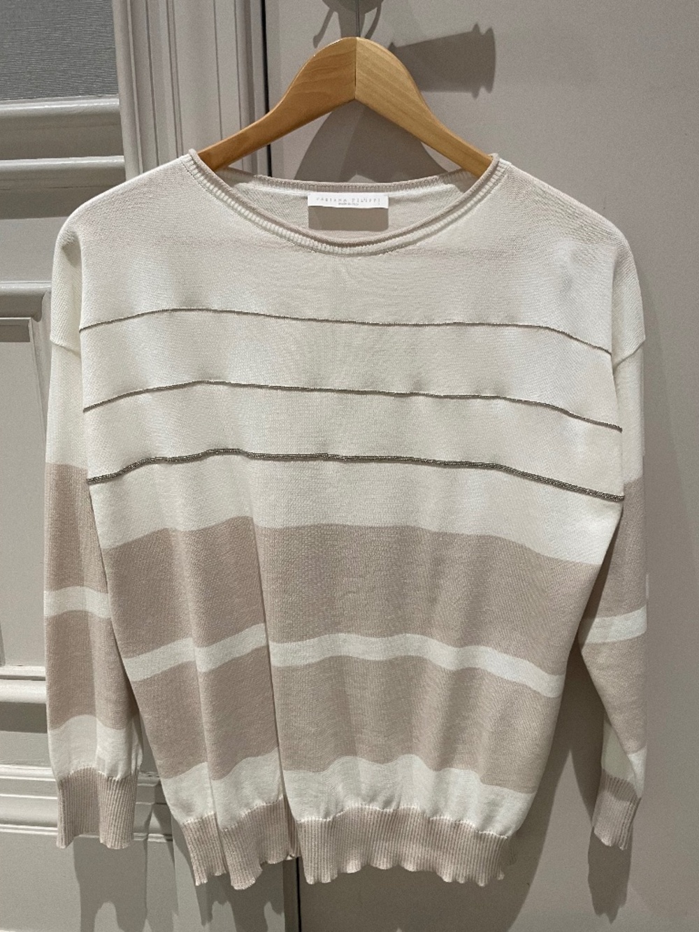 Fabiana Filippi Cotton Sweater With Monili Detailing, Cream/Taupe, Size S/6 US